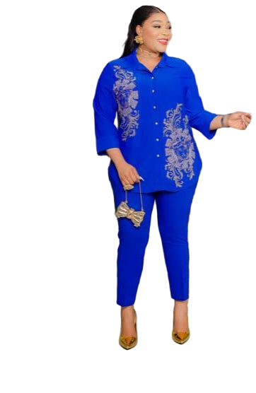 LADIES STONE PRINTED BLOUSE WITH PENCIL TROUSERS SET