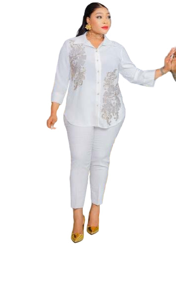 LADIES STONE PRINTED BLOUSE WITH PENCIL TROUSERS SET