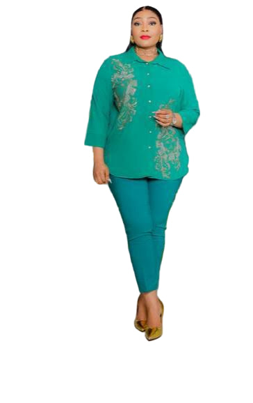 LADIES STONE PRINTED BLOUSE WITH PENCIL TROUSERS SET