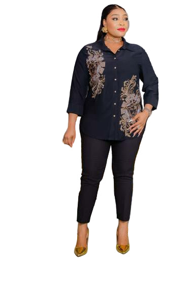 LADIES STONE PRINTED BLOUSE WITH PENCIL TROUSERS SET