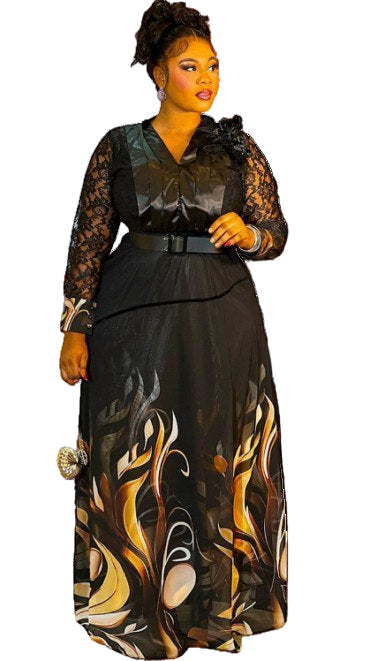 PREMIUM LADIES ELEGANT LACE SLEEVE MAXI DRESS WITH BELT