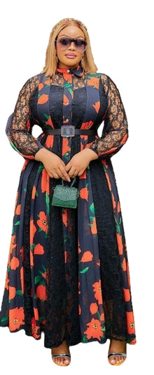 PREMIUM LADIES ELEGANT FLORAL LACE PANEL SHIRT DRESS WITH BELT