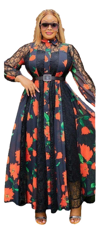 PREMIUM LADIES ELEGANT FLORAL LACE PANEL SHIRT DRESS WITH BELT