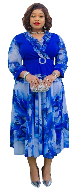 PREMIUM LADIES ELEGANT RUFFLE TRIM CHIFFON MIDI DRESS WITH BELT