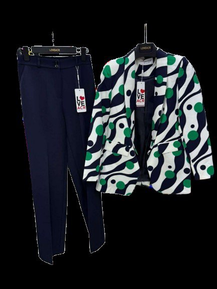 PREMIUM LADIES LUXURY EMERALD GREEN & NAVY GEOMETRIC PRINT BLAZER & TROUSER SET