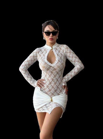PREMIUM LADIES LUXURY SHEER LACE LONG SLEEVE KEYHOLE NECK RUCHED BODYCON MINI DRESS