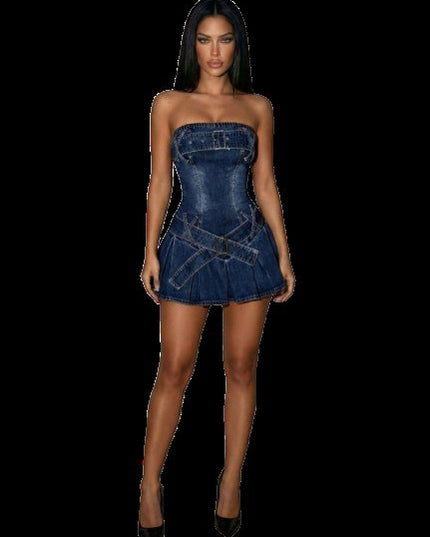 PREMIUM LADIES LUXURY STRAPLESS DENIM CORSET WAIST PLEATED SKATER MINI DRESS
