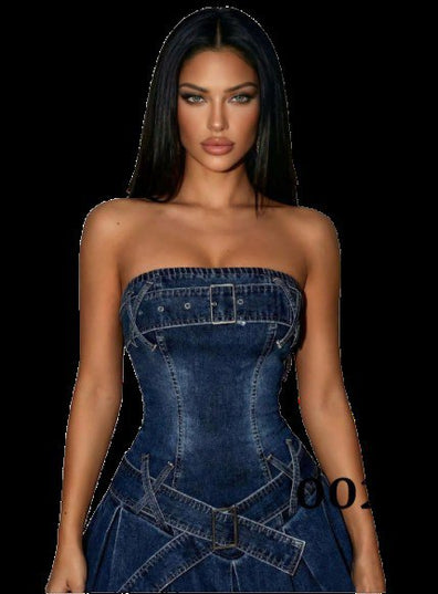 PREMIUM LADIES LUXURY STRAPLESS DENIM CORSET WAIST PLEATED SKATER MINI DRESS