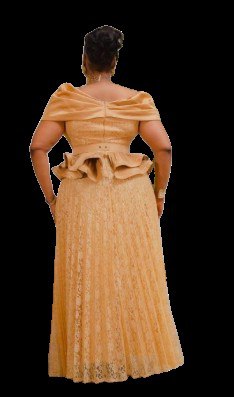 REGAL OFF-SHOULDER LACE PEPLUM GOWN