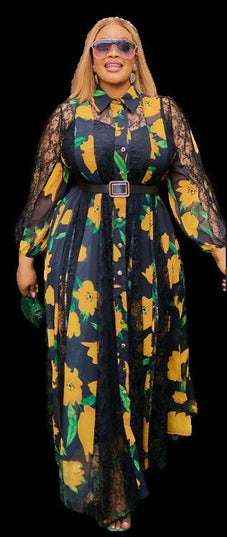 LUXURY SHEER LACE TOP FLORAL PRINT MAXI DRESS