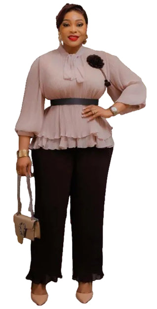 FEMININE BOW-TIE PLEATED BLOUSE AND PANTS SET