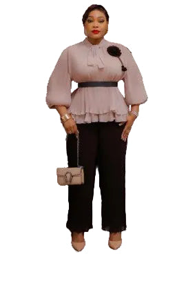 FEMININE BOW-TIE PLEATED BLOUSE AND PANTS SET